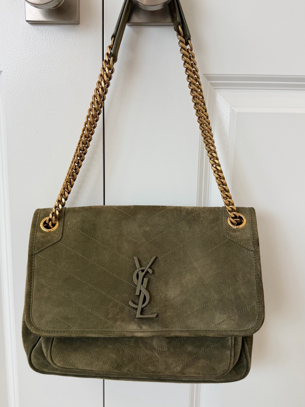 Saint Laurent Olive Green Suede Shoulder Bag with Gold Chain